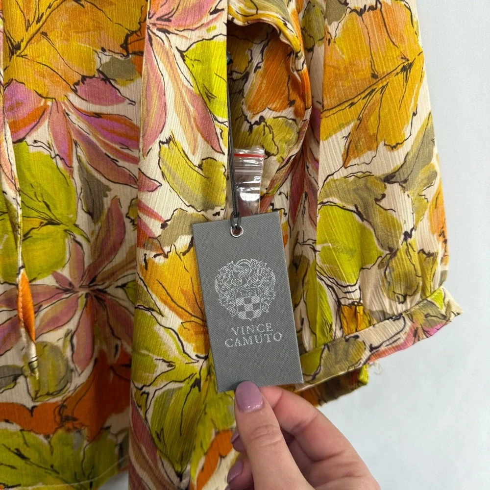 NWT Vince Camuto Raglan Sleeve Split Neck Peasant Blouse Orange Floral, size L - Picture 3 of 7